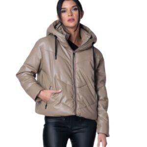 Daniela Cortez Eco Leather Puffer Jacket with Hood in Cognac